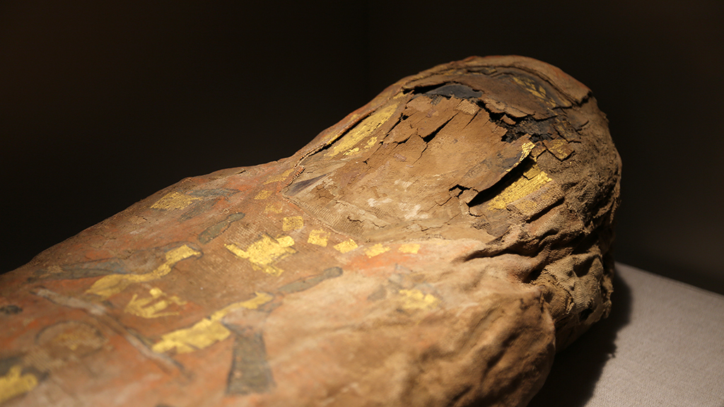 head and shoulders of a mummy with faint decorations